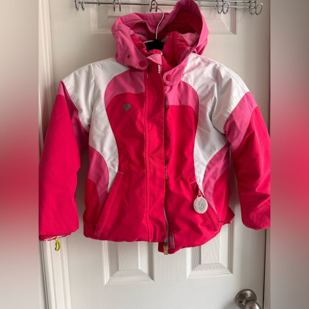 Girls pink and white Obermeyer ski jacket sz 6 EUC compass and mitten hooks